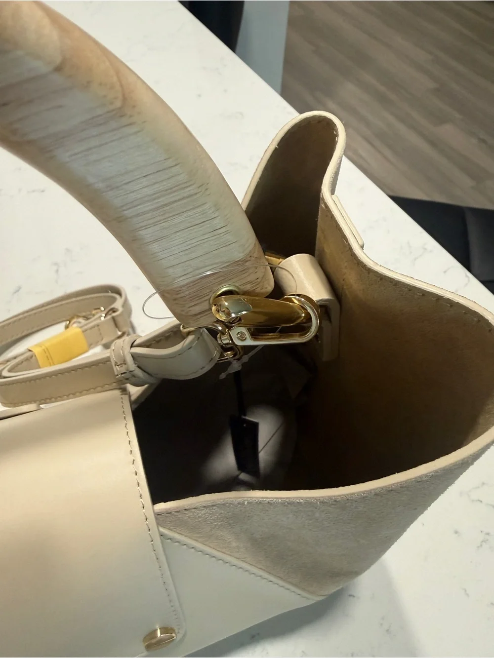 CLAUDIA Firenze Genuine Leather Beige/Cream Satchel Handbag with Wooden Handle